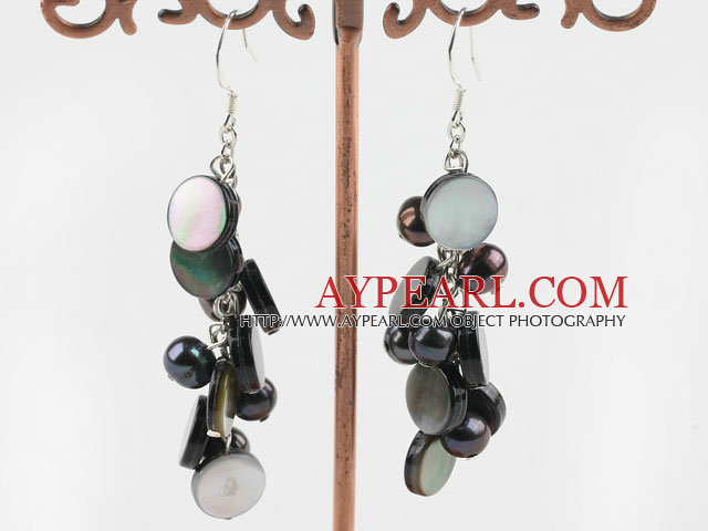 black pearl and black lip shell dangle earrings