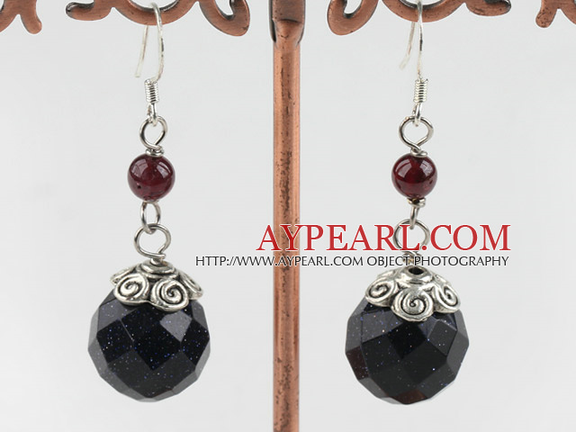 Fashion Round Garnet And Faceted Blue Sandstone Drop Earrings With Fish Hook