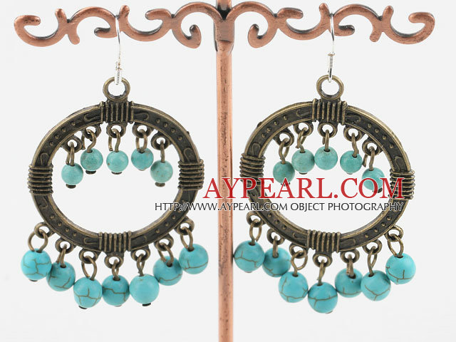 Vintage Large Loop 6Mm Burst Pattern Blue Round Turquoise Copper Charm Dangle Earrings