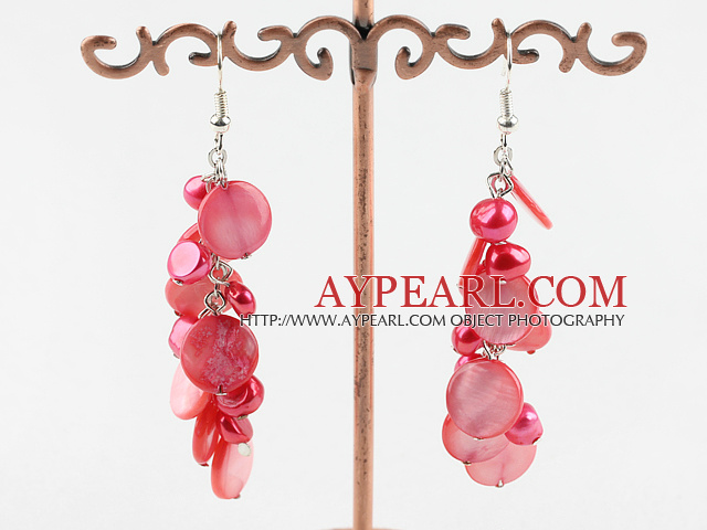 Lovely Red Series Dyed Freshwater Pearl And Disc Shell Loop Chain Dangle Earrings