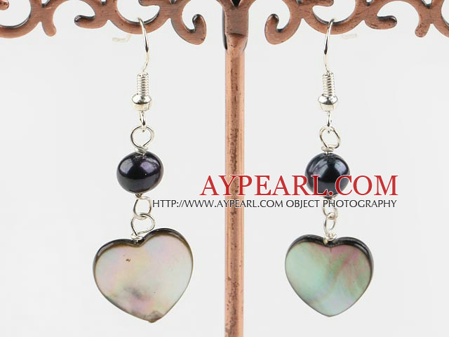 Lovely Black Freshwater Pearl And Heart Shape Lip Shell Loop Dangle Earrings