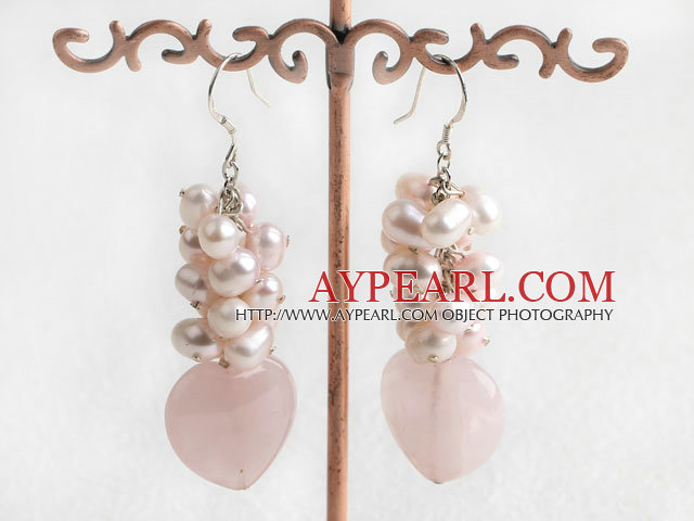 Beautiful Natural Pink Freshwater Pearl And Heart Shape Rose Quartz Cluster Earrings