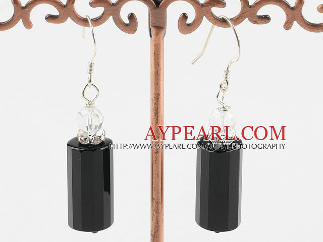 Popular White Crystal And Cylinder Shape Black Agate Dangle Earrings