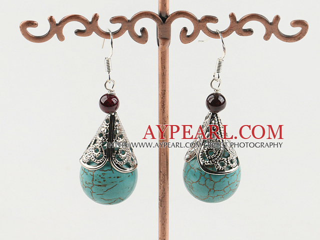Fashion Teardrop Blue Turquoise And Round Garnet Drop Earrings With Fish Hook
