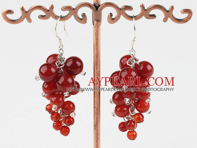 Classic Round Red Carnelian Ball Cluster Loop Chain Dangle Earrings With Fish Hook 