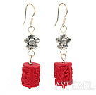 Fashion Red Cylinder Cinnaba Engraved Flower Charm Earrings With Fish Hook