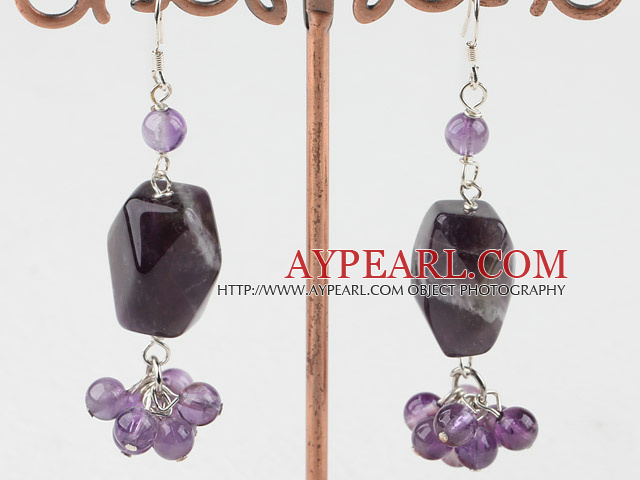 Lovely Amethyst Stone Round Crystal Cluster Dangle Earrings With Fish Hook