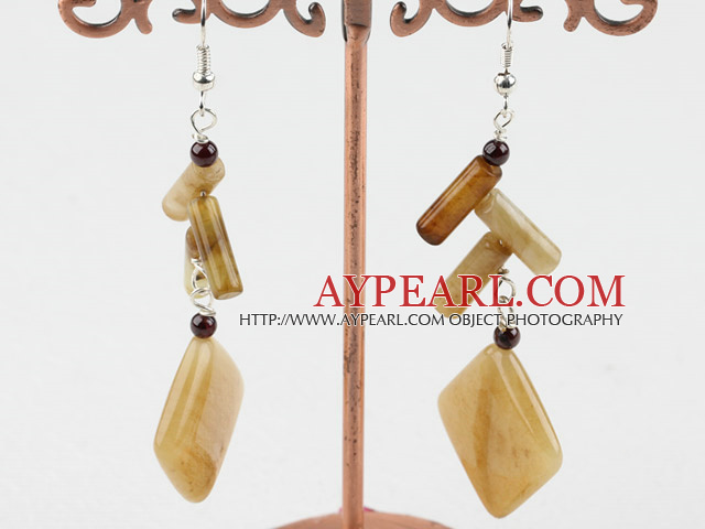 Nice Firecraker And Rhombus Three Colored Jade Dangle Earrings With Fish Hook