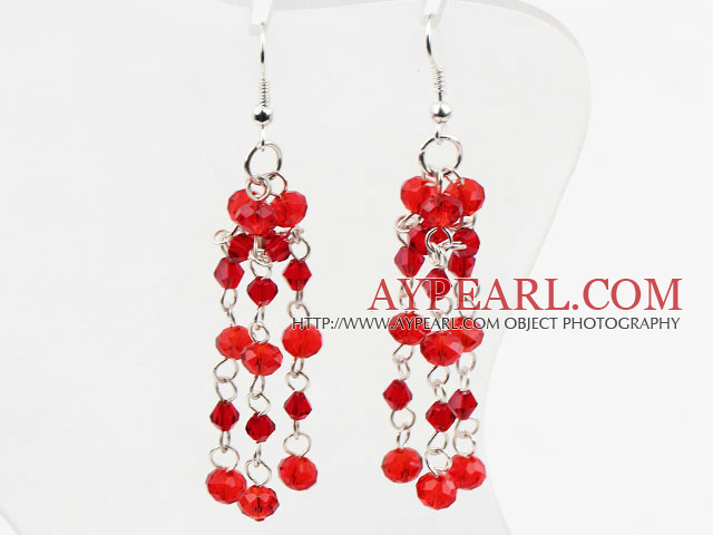 Long Cluster Style Red Crystal Loop Dangle Earrings With Fish Hook