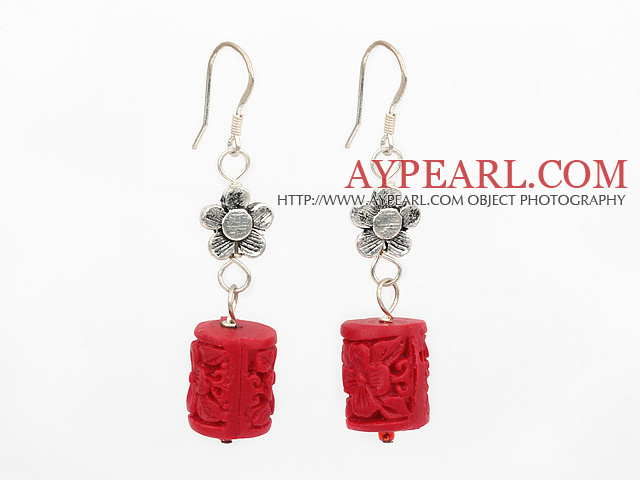 Fashion Red Cylinder Cinnaba Engraved Flower Charm Earrings With Fish Hook