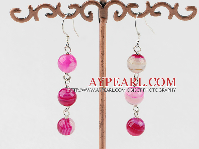 Beautiful 8Mm Round Pink Agate Ball Dangle Earrings With Fish Hook