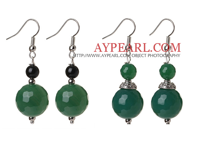 2 buc Design clasic Faceted Green Agate Ball și negru Agate cercei