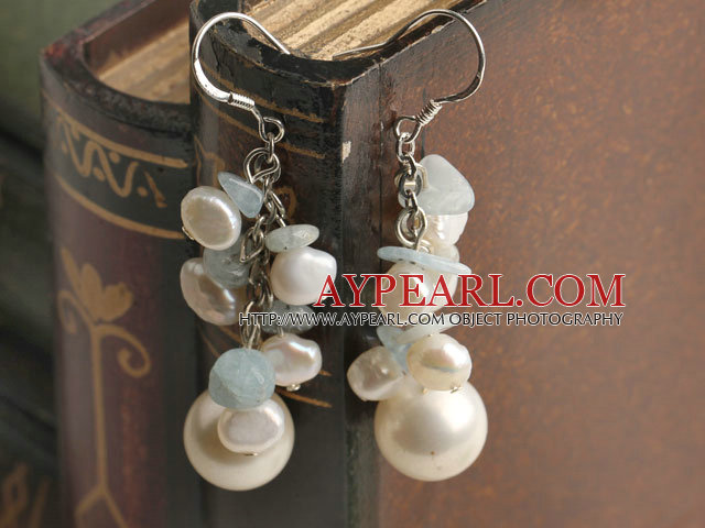cluster style white pearl and sea shell bead earrings
