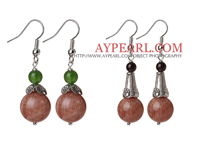 2 Pcs Vintage Style Round Sunstone Bead And Chrysoprase And Granet Dangle Earrings
