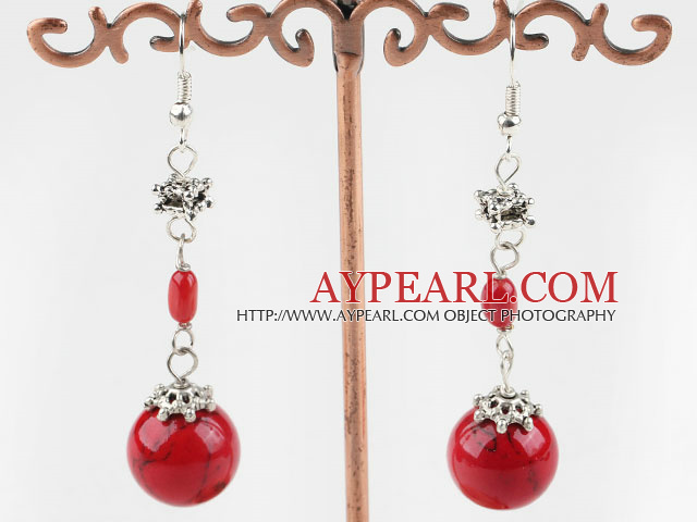 Beautiful Red Coral And Round Bloodstone Loop Charm Drop Earrings With Fish Hook