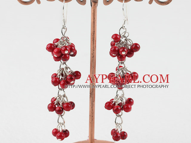 Beautiful Long Chain Loop Cluster Style Round Red Bloodstone Dangle Earrings