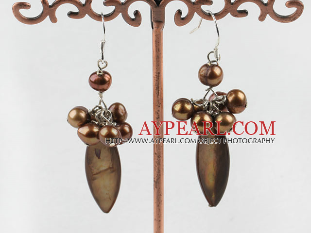 Lovely Cluster Style Dyed Brown Freshwater Pearl And Eye Shape Shell Earrings