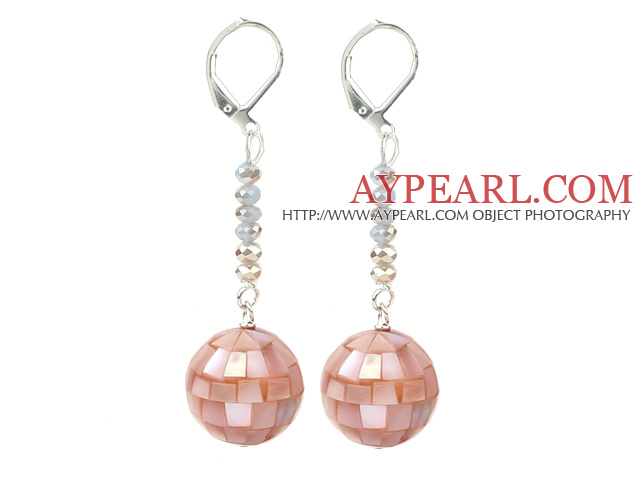 Dangle Style Pink Mosaics Shell and Gray Crystal Long Earrings