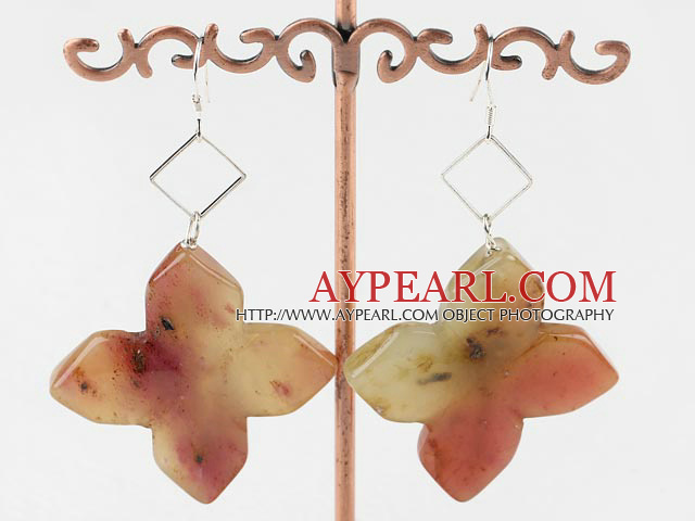 Large Style 52Mm Three Colored Jade Flower Loop Dangle Earrings With Fish Hook