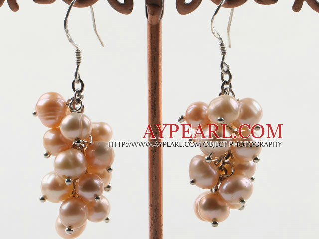 Elegant Loop Chain 6-7Mm Natural Pink Freshwater Pearl Cluster Dangle Earrings