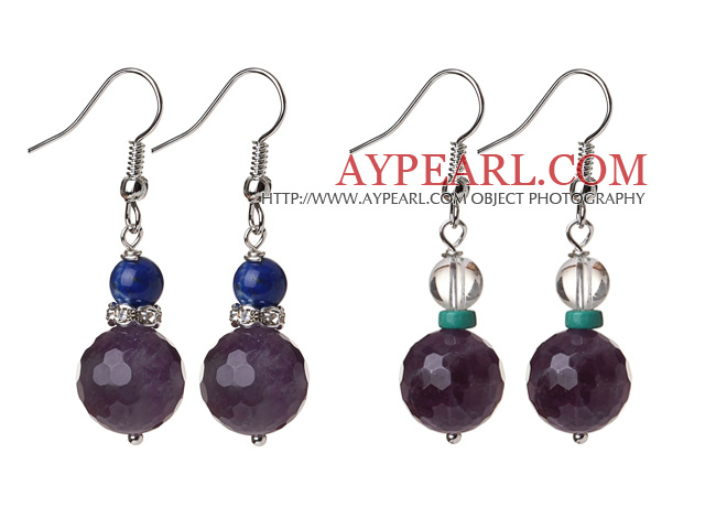 2 Pcs Fashion Style 12mm Faceted Amethyst Ball And Lapis Clear Crystal Earrings