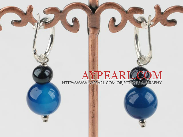 Fashion Black Freshwater Pearl And Round Blue Agate Ball Dangle Earrings With Ear Hoops