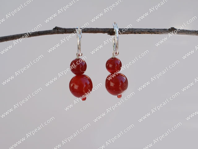 Nice 8-12Mm Round Red Carnelian Ball Beaded Dangle Earrings With Ear Hoops