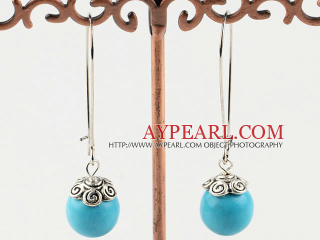 Fashion 12Mm Round Blue Turquoise Drop Earrings With Hoop Earwires