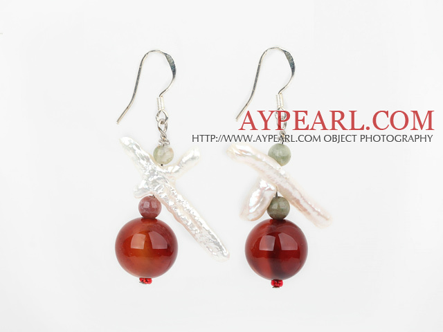 Fashion White Cross Pearl And Funtastic Red Round Agate Drop Earrings With Fish Hook