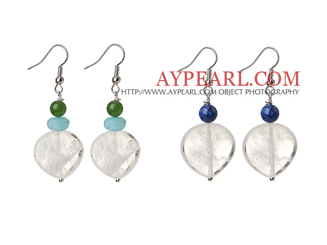 2 Pcs Beautiful Summer Design 14mm Heart Shape Clear Crystal And Lapis Chrysoprase Blue Jade Beads Earrings