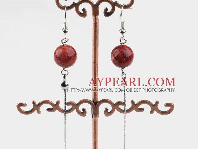 Lovely Long Style 12Mm Round Grass Coral Dangle Earrings With Fish Hook