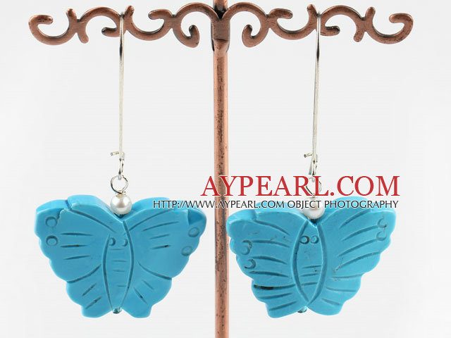 fashion white pearl and blue turquoise butterfly earrings