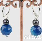 Beautiful Cute Faceted Blue Agate Ball And Black Freshwater Pearl Earrings With Ear Hoops