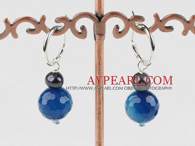 Beautiful Cute Faceted Blue Agate Ball And Black Freshwater Pearl Earrings With Ear Hoops