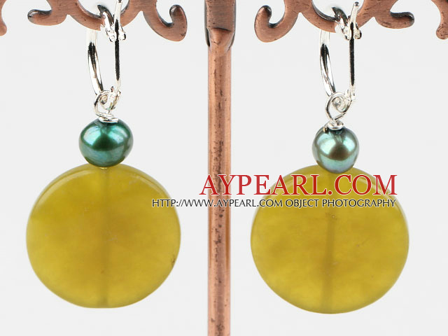 Lovely Green Freshwater Pearl And Flat Round Olive Jade Earrings With Ear Hoops