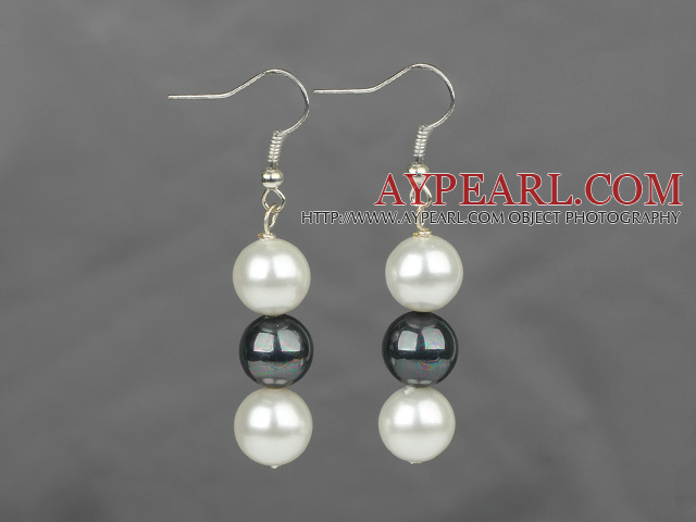 Fashion 10Mm Round Black And White Seashell Beaded Dangle Earrings With Fish Hook