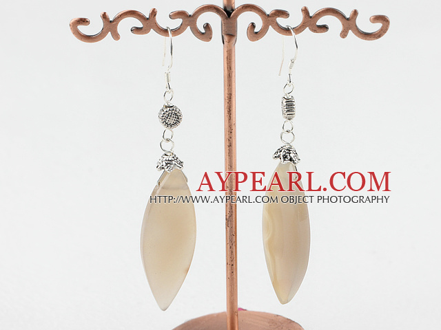 Fashion Leaf Shape Natural Gray Agate Metal Charm Dangle Earrings With Fish Hook
