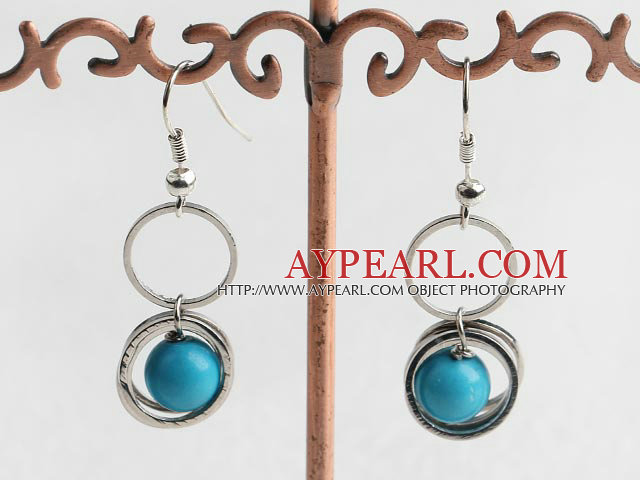 Lovely Short Style 8Mm Blue Turquoise And Loop Metal Ring Charm Earrings