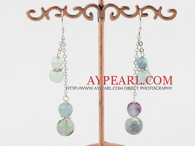 Fashion Loop Chain Style Round Rainbow Flourite Dangle Earrings With Fish Hook