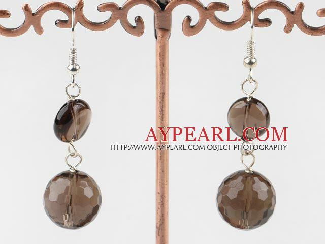 Lovely Caky And Round Shape Smoky Quartz Dangle Earrings With Fish Hook