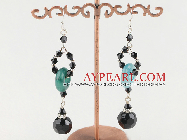 Fashion Long Loop Style Black Crystal And Blue Donut Jade Dangle Earrings