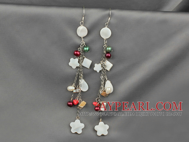 Fashion Long Chain Loop Style Multi Stone And Pearl White Shell Dangle Earrings
