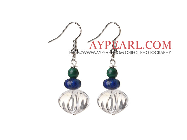 Simple Fashion Design Pumpkin Shape Natural White Crystal And Green Phoenix Stone And Lapis Dangle Earrings