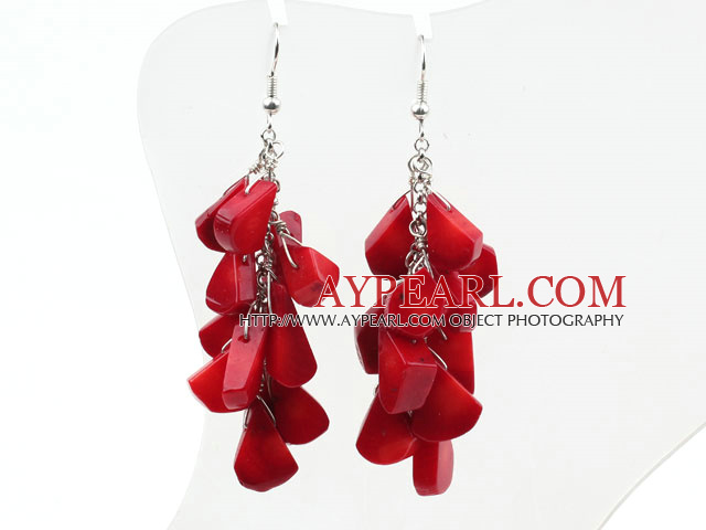 Cluster Style Drop Shape Red Coral Earrings