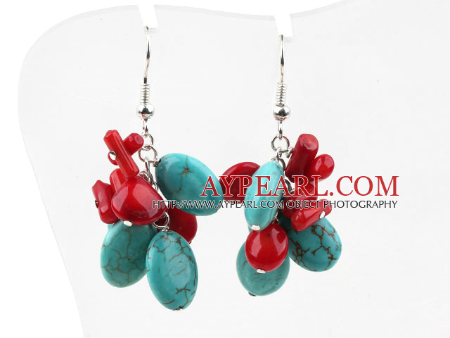 Cluster Style Assorted Red Coral and Oval Shape Turquoise Earrings