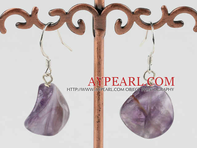 Lovely 16Mm Waved Natural Amethyst Dangle Earrings With Fish Hook
