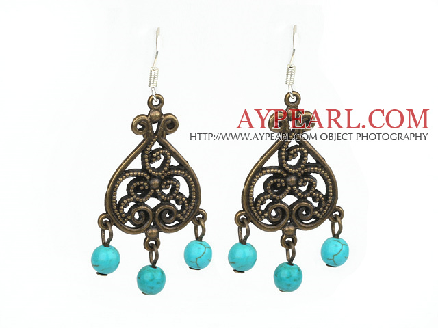 Fashion Vintage Style 6Mm Burst Pattern Blue Turquoise Dangle Earrings With Bronze Charm