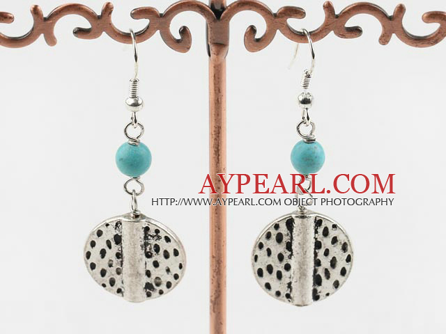 Nice Round Blue Turquoise And Tibet Silver Dangle Earrings With Fish Hook