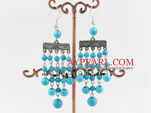 Favorite Long Style Round Blue Turquoise Loop Chain Dangle Earrings With Fish Hook