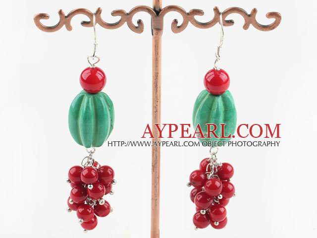 Lovely Pumpkin Shape Blue Turquoise And Round Red Coral Cluster Earrings With Fish Hook